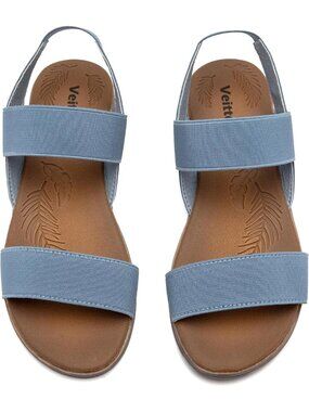 Women's Casual Flat Slide Blue Sandals Elastic Strappy Double Bands Open Toe